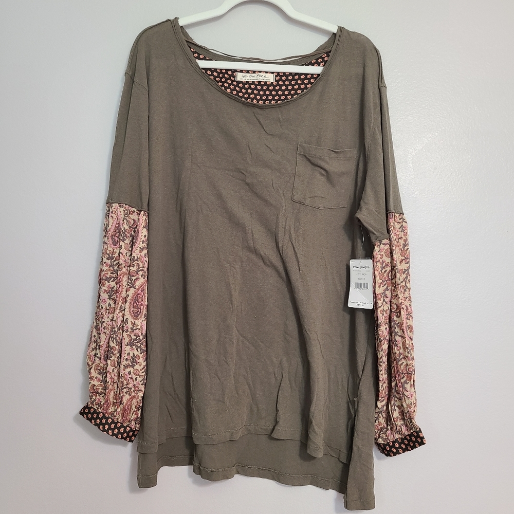 Free People Army Green Paisley Priny Mixed Media Long Sleeve Shirt Medium